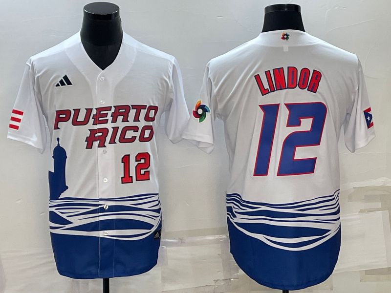 Men 2023 World Cub #12 Lindor White MLB Jersey5->more jerseys->MLB Jersey